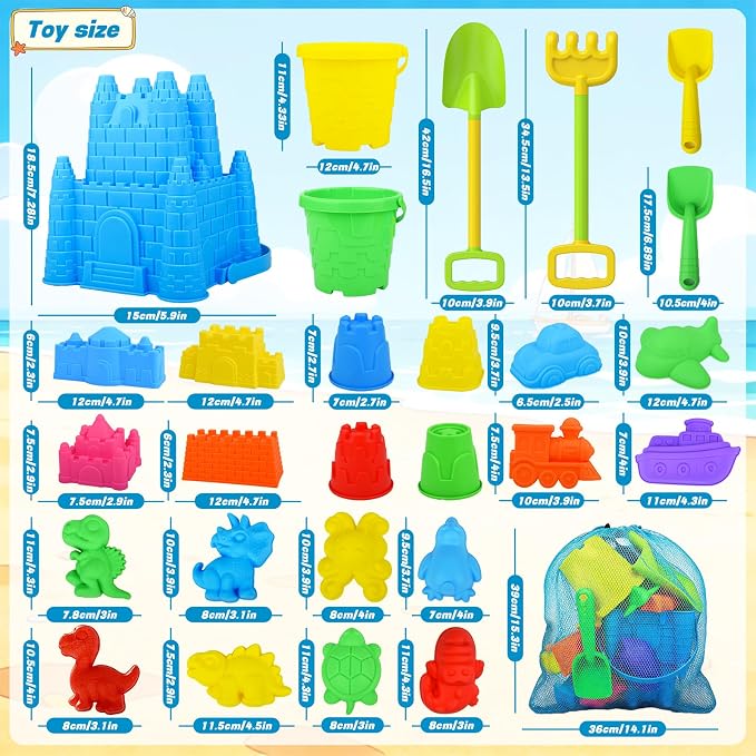 Beach Toys for Kids,28PCS Sand Castle Building Kit with 3 Castle Bucket and Sand Molds,Shovels and Rakes,Mesh Bag,Sandbox Toys for Toddlers,Outdoor Travel Beach Toys for Kids Boys Girls Age 3-10