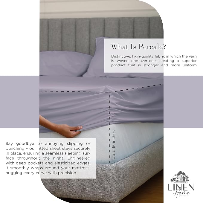 Linen Home 100% Cotton Percale Sheets California King Size, Prelude Purple, Deep Pocket, 4 Pieces Set- 1 Flat, 1 Fitted and 2 Pillowcases, Crisp Cool and Long Staple Strong Bed Linen