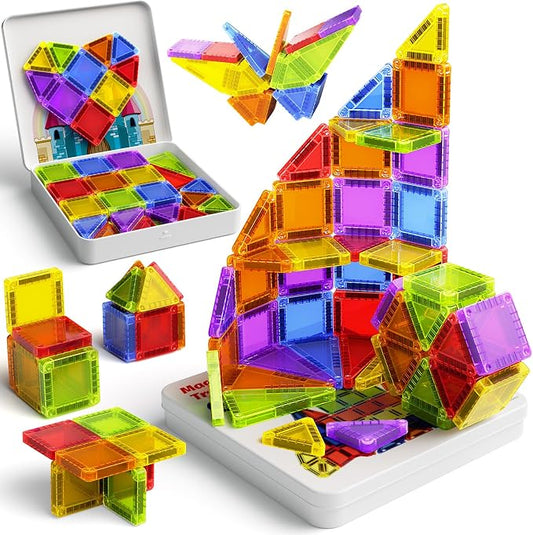 Magnetic Tiles Mini Travel Toddler Set 60pcs Magnetic Blocks Building Kids Toys, Montessori Preschool Classroom Must-Haves Educational Learning Sensory Toys for 3+ Year Old Boys
