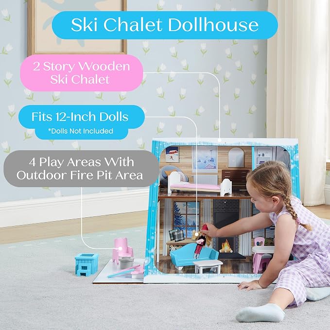 Delta Children Ski Chalet A-Frame Dollhouse - Includes 15 Accessories - Fits 12-inch Dolls - Pretend Play Dream Gift for Ages 3+