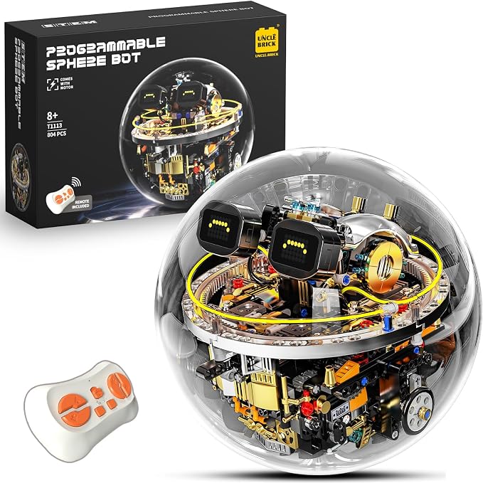 UNCLE BRICK Transparent Spherical Robot Building Block Set,Stem Toys for Ages 8-13,Programmable Remote-Controlled Powered,LED Expression Display and Cyberpunk Lighting,Holiday and Birthday Gifts