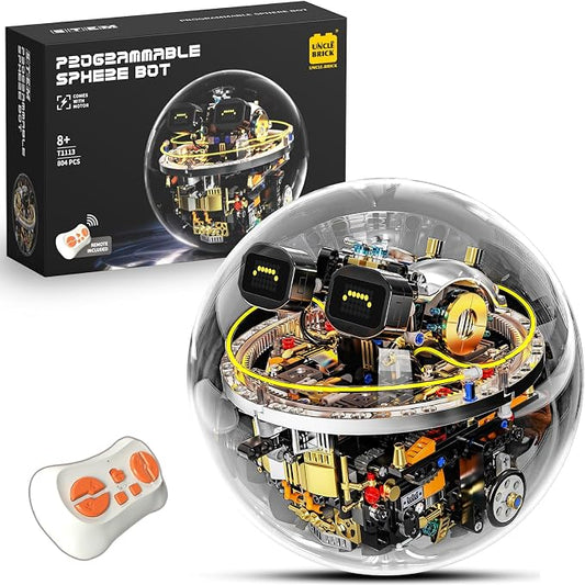 UNCLE BRICK Transparent Spherical Robot Building Block Set,Stem Toys for Ages 8-13,Programmable Remote-Controlled Powered,LED Expression Display and Cyberpunk Lighting,Holiday and Birthday Gifts