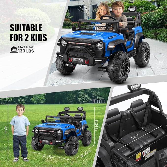 Hikole 24V 2 Seater Ride-on Car with Remote Control, Electric Car for Kids, 4x100W Motor, Spring Suspension, LED Headlights, Music, Power Wheel for Boys and Girls, Blue