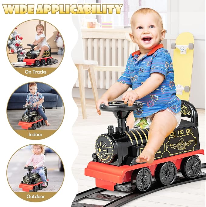 OLAKIDS Kids Ride On Train with Track, 6V Electric Toy with Lights and Sounds, Retractable Footrest, Under Seat Storage, Christmas Theme Battery Powered for Toddlers Boys Girls (1 Seater, Retro)