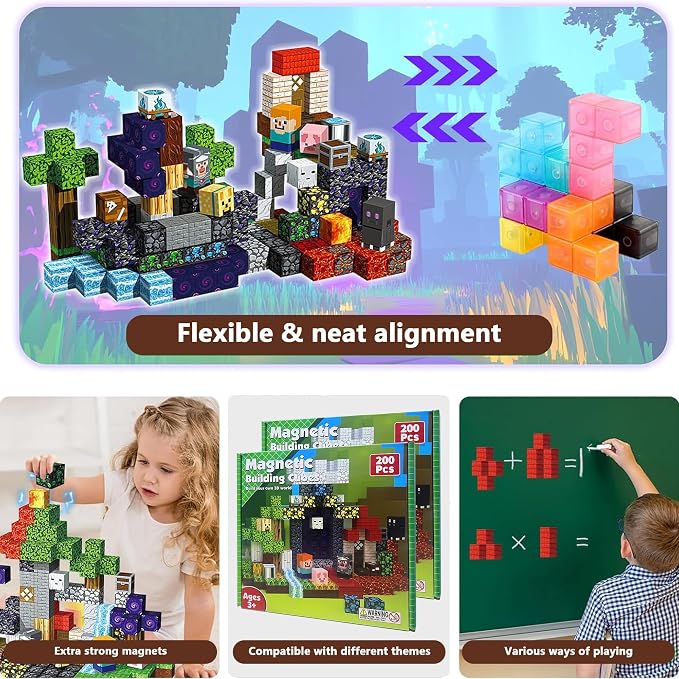 APUNOL 200PCS 0.8in Magnetic Blocks - Magnet Toys for Kids, Magnetic Building Blocks Cubes, Stacking Magnets, STEM Learning Toys Birthday Gifts for Toddlers, Boys and Girls Age 3+ Years Old