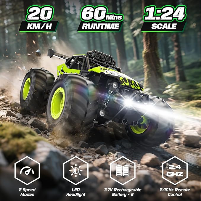 Remote Control Car, All Terrain RC Cars with Speed Switch RC Truck with LED Headlight and Rechargeable Batteries, 20KM/H Monster Truck Toys Gift for Boys 6-8 8-12, Green