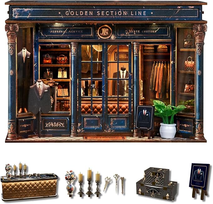 fifijoy DIY Miniature Dollhouse Kit - 3D Wooden Puzzle Book Nook Kit with LED Light, Miniature House Bookshelf Insert Decor for Adults, Creative Gift for Family and Friends (Golden Section Line)