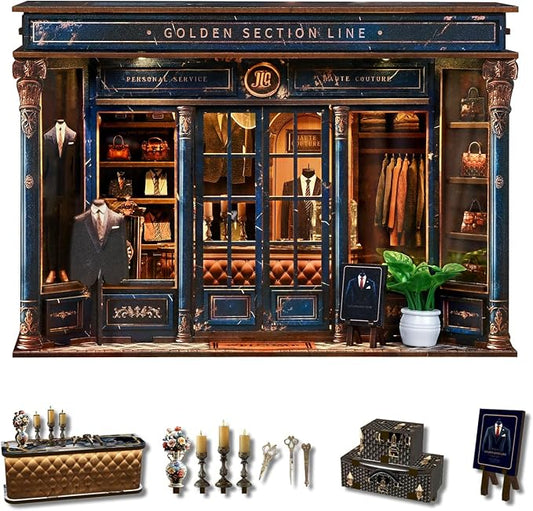 fifijoy DIY Miniature Dollhouse Kit - 3D Wooden Puzzle Book Nook Kit with LED Light, Miniature House Bookshelf Insert Decor for Adults, Creative Gift for Family and Friends (Golden Section Line)