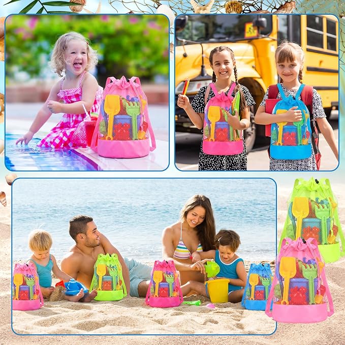 8 Pcs Beach Toys Bags Summer Mesh Seashell Collecting Bag with Handles Pool Party Gift Pouch for Market Grocery(Bright,Backpack)