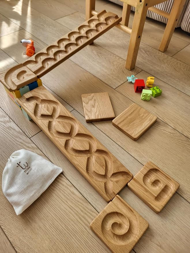 Wooden Marble Run Track Set of 2 Wind+Whirlpol Race Machine Set Wooden Maze Board Ball Run Montessori STEM Toy Gift for Kids Marble Wave Course Winding Roller Track Game (Wind+Whirlpol)