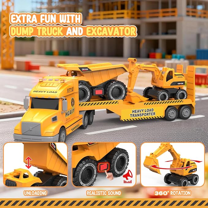 Toddler Toys for 3 4 5 6 Year Old Boys - 27" Large Semi Construction Carrier Truck Toy with Excavator and Dump Truck, 3-in-1 Friction Powered Transport Vehicle with Lights Sounds, Gifts for Boys