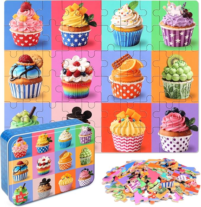 MZZOTOY Cupcake Puzzle for Kids Ages 4-8, 60 Pieces Jigsaw Puzzles for Kids Ages 3-5， Learning Educational Puzzles Toys Great Gift for Boys Girls in a Metal Box