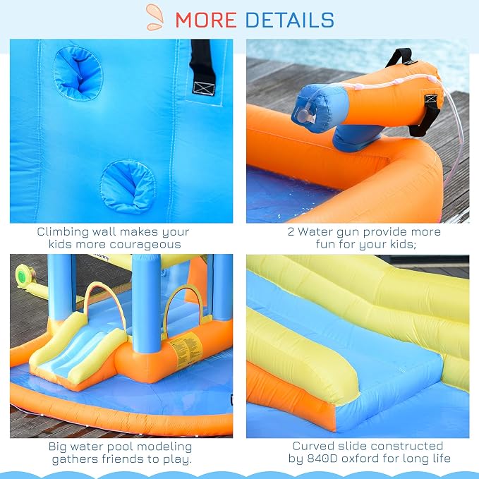 Outsunny Inflatable Water Slide, Kids Bounce House Water Park with Pool, Climbing Wall, Water Cannon, Dual Slides, Trampoline, 5-in-1 Bouncy Castle with Air Blower for Outdoor Indoor Backyard Fun