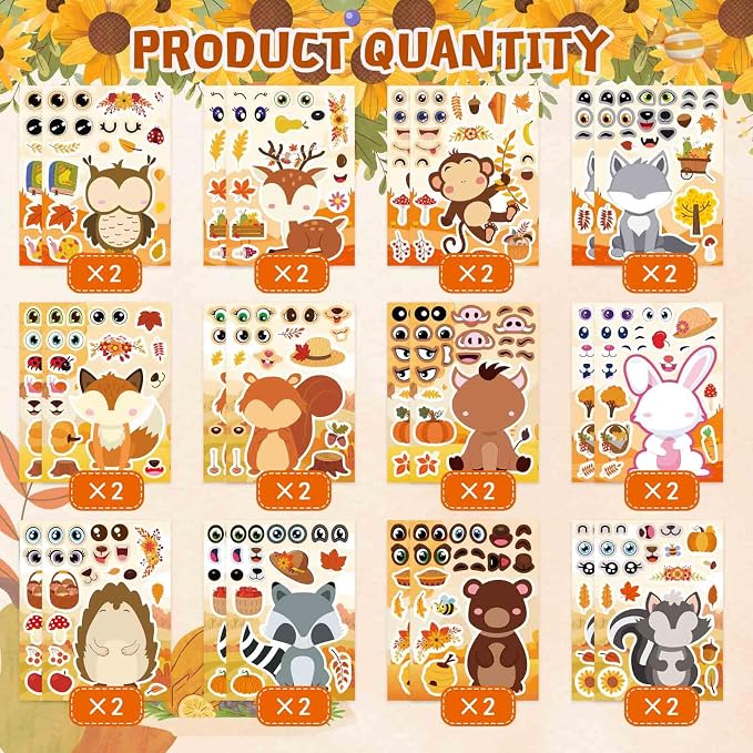 24 Sheets Fall Stickers for Kids Toddlers, Autum Animal Stickers Make-a-face Sticker Make Your Own Sticker 8 Designs of Animal Owl Squirrel Hedgehog Fox Fall Party Decorations Supplies