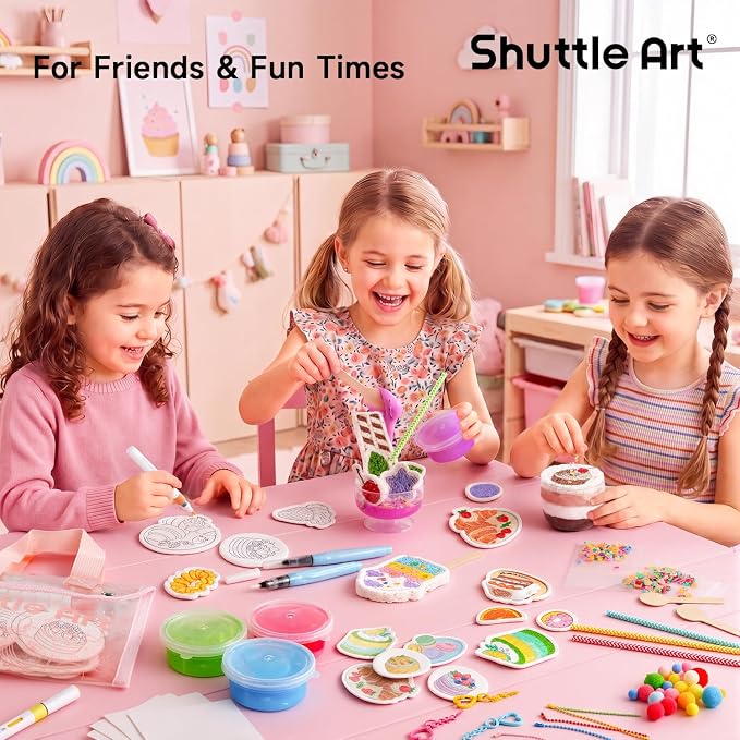 Shuttle Art 105 Pcs Magic Foam Texture Painting Kit Dessert Series: 24 Dessert Foam Pieces, Slime, Clay, Pastry Display Case, 12 Acrylic Paint Markers, Magical 3D Effect DIY Art for Kids Ages 3-12