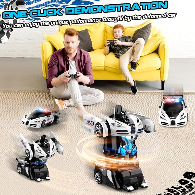 Remote Control Car, One-Click Becoming Robot Transforming Toys Car for Boys, Smooth Deformation, Demo Mode, 360° Rotation, Easy to Use, 2.4GHZ, LED Light, RC Cars for Christmas, Kids, White