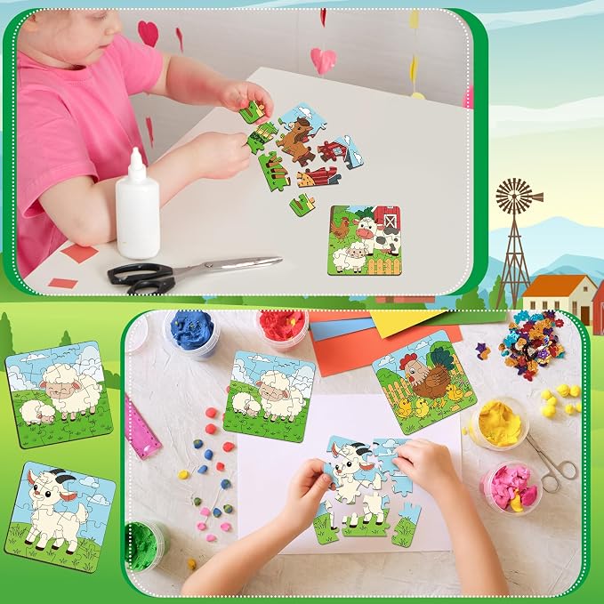 Realspring 24 Pack Farm Animal Color Your Own Jigsaw Puzzles for Kids 3-5, 4-6, 6-8, Coloring Crafts DIY Paper Puzzles Party Favors Gifts for Toddler Children Learning Education Toys