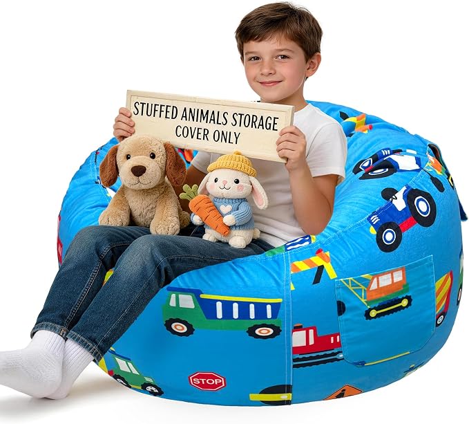 Lukeight Stuffed Animals Storage Bean Bag Chair Cover for Kids, Cozy Velvet Plush Toy Organizer Seat, Cover Only, No Filling Included, Long YKK Zipper, Side Pocket, X-Large 30 x 18 in