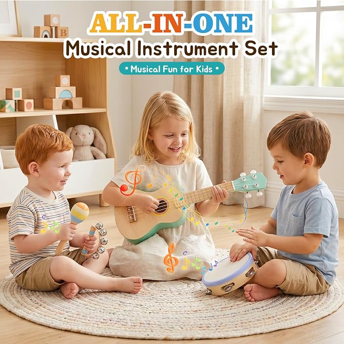 Kids Guitar Set for Toddlers 1-3, 8 in 1 Wooden Montessori Musical Instruments Set with Ukulele, Tambourine, Maracas, Flute, Educational Music Toys, Preschool Learning Toy Gift for Boys Girls
