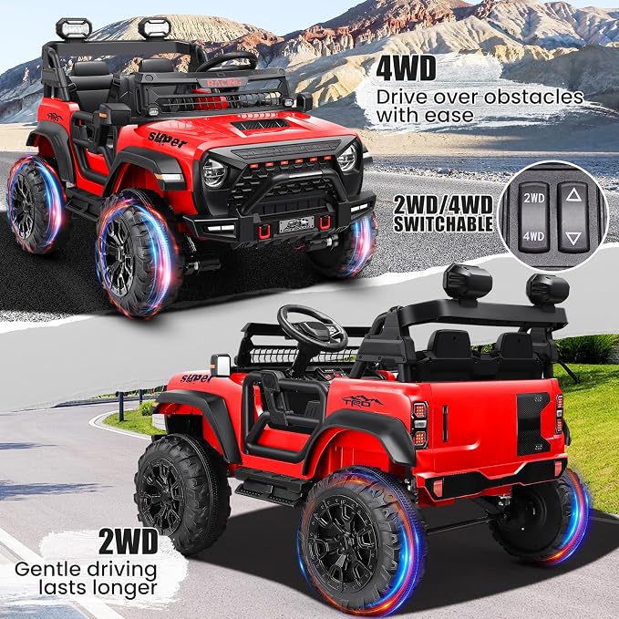 Hikole 2 Seater Ride on Car with Remote Control,24V Battery Powered Electric Truck for Kids,4x100W Motor,LED Headlights,Music Player,Ride on Toy for Big Kids, Red