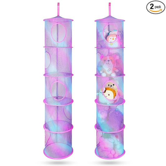 Basumee Stuffed Animals Net or Hammock 2 Pcs Stuffed Animals Storage Toy Net Hammock for Plushies Storage Organizer Mesh Kids Girls Room Decor, Blue and Purple, 5 Tiers