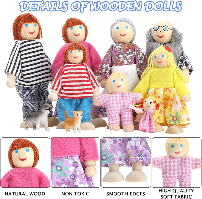 Skylety 10 Pcs Wooden Dollhouse Set of Mini People Figures Dollhouse Dolls Wooden Doll Play Figures Accessories(Classic Style)