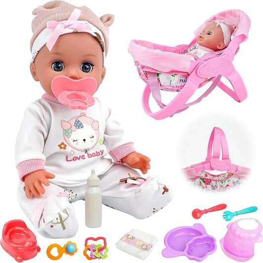 SMILESSKIDDO 14" Baby Doll with Washable Dolls Accessories, Lifelike Soft Babydoll Pretend Play Includes Carrier Bassinet Bed, Doll Clothes, Feeding Set, Gift Idea for Girls 1 2 3+ Year Old