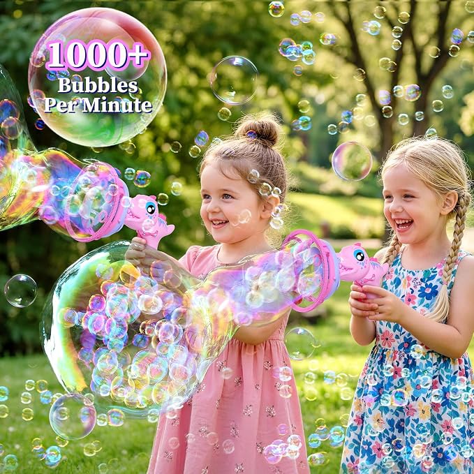 IFLOVE Pink Dinosaur Bubble Gun for Kids, Bubble Machine Toy with Bubble-in-Bubble Effect, 1000+ Bubbles/Min Outdoor Party Favor Gift for Girls Ages 3-8