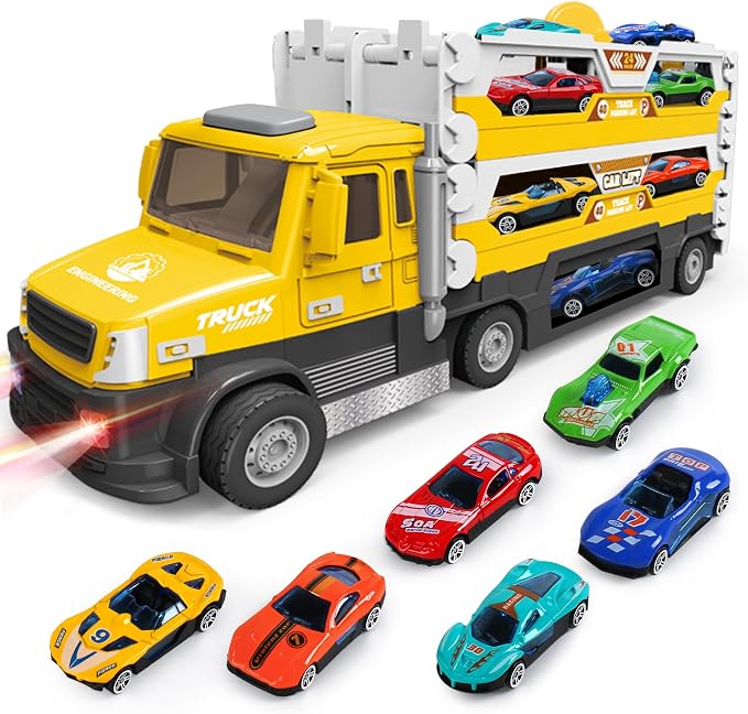 DOWELLIN 6 in 1 Transport Truck Toys for Kids, Police Trucks Carrier Cars with 6Pcs Metal Race Car with Light&Sounds, Toddler Vehicles Toys Gifts for Boys Girls Age 3 4 5 6 7 8-Yellow
