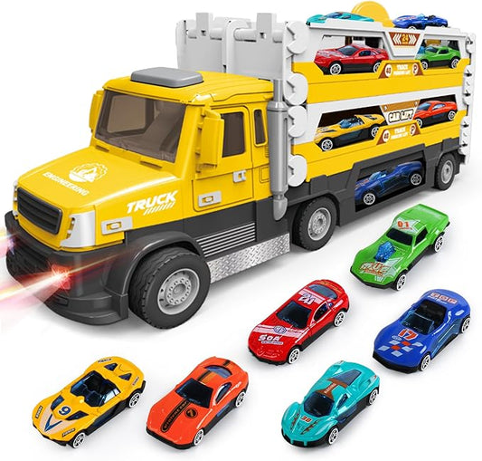 DOWELLIN 6 in 1 Transport Truck Toys for Kids, Police Trucks Carrier Cars with 6Pcs Metal Race Car with Light&Sounds, Toddler Vehicles Toys Gifts for Boys Girls Age 3 4 5 6 7 8-Yellow