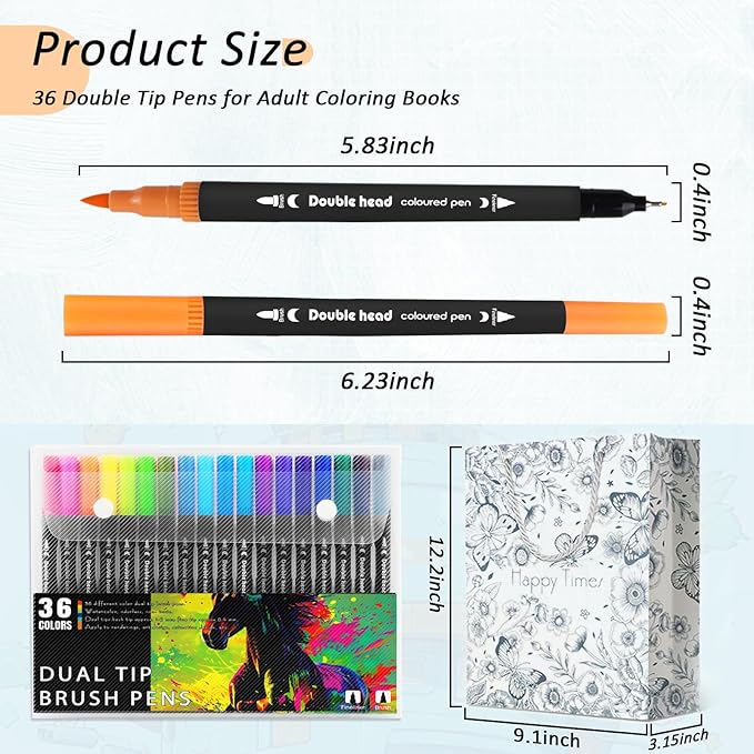 3Pcs Adult Coloring Book for Women Relaxation, 36 Colors Markers with Spiral Bound Adult Coloring Book for Women, 36 Dual Tip Colors Markers, Anxiety Relief Mindfulness Gifts(Ocean & Bird & Butterfly)