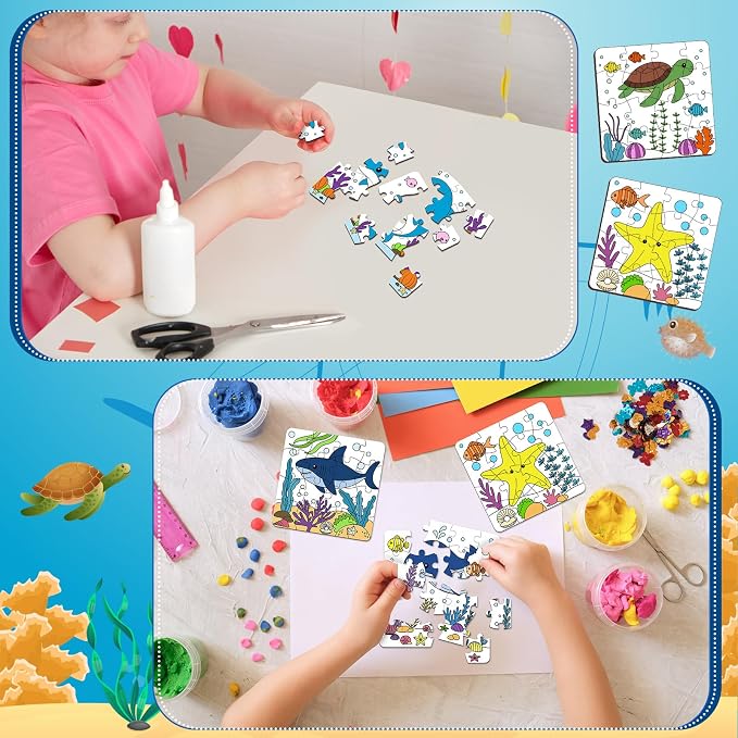 Realspring 24 Pack Under The Sea Color Your Own Jigsaw Puzzles for Kids 3-5, 4-6, 6-8, Coloring Crafts DIY Paper Puzzles Party Favors Gifts for Toddler Children Learning Education Toys