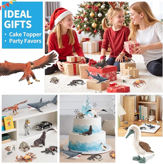8PCS Large Galapagos Animal Toys, 4-8'' Realistic Sea Animal Figurines Set Includes Shark, Giant Tortoise, Hawk, Crab, Sea Lion, Blue-Footed Booby, Educational Learning Toys for Toddlers Kid