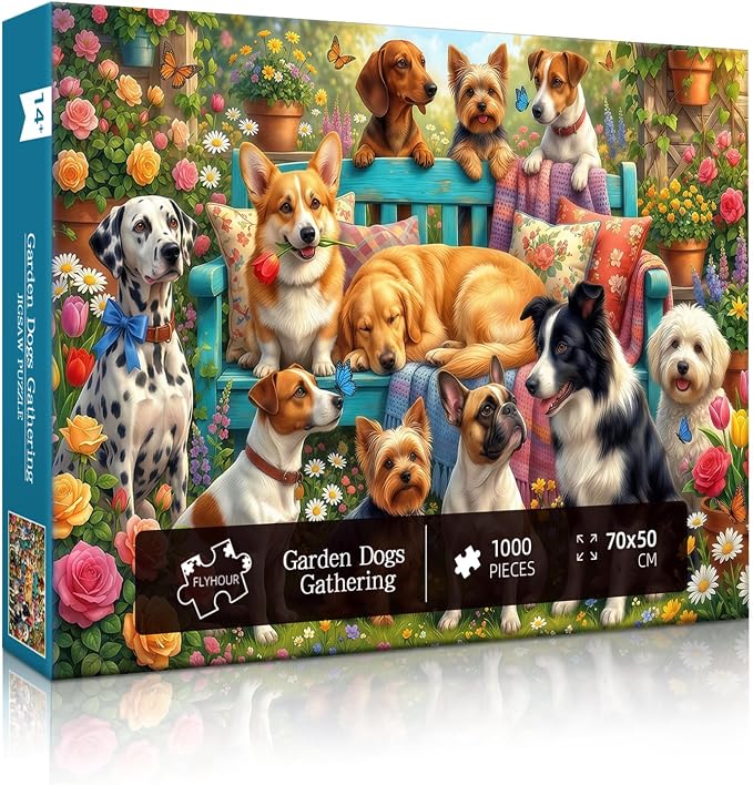 Garden Dogs Gathering Puzzles for Adults 1000 Pieces,Impossible Challenging Jigsaw Puzzles for Adults,Colorful Floral Puppy Party Art,Friends Family Activity Game Nights Gifts(27.6" x 19.7")
