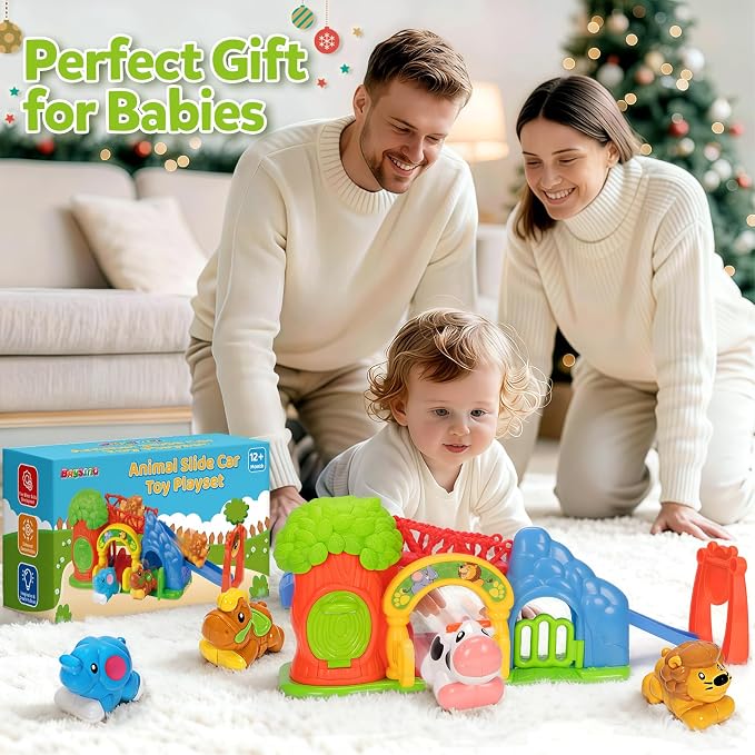 BAYSING Toys for Toddler 1, 2, 3 Year Old Boy and Girl, Zoo Animal Slide Playset with 4 Animal Cars, Open-Ended Interactive Toy for Cultivate Imagination, Gifts for 12-18+ Months Kids