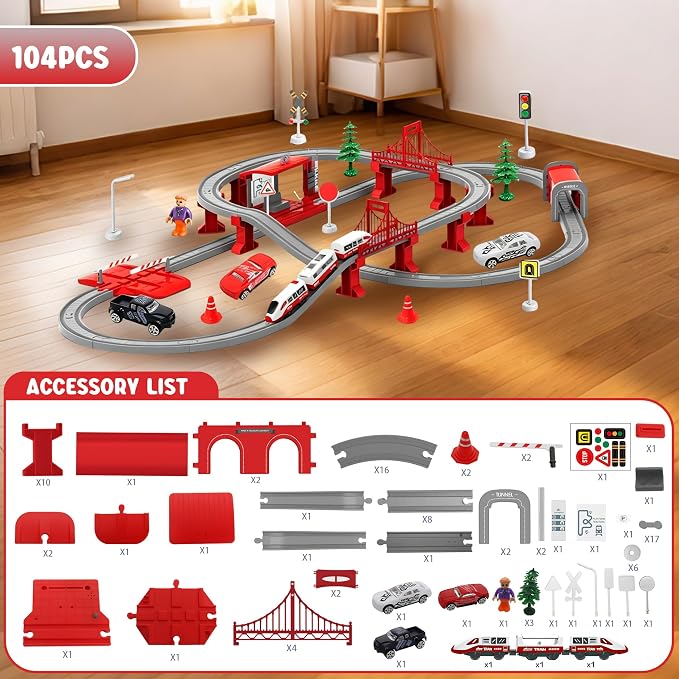 Wdmiya Train Sets for Toddlers, 104 Pcs Trains Toy with Battery Operated & Tracks (Magnetic Connection), Compatible with Thomas, Brio, Christmas Toy Gifts for 3 4 5 6 7 8 Years Old (City Red 104 Pcs)
