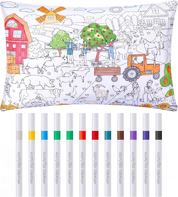 Mindsoft Coloring Pillowcase with 12 Pcs Markers Color Your Own Pillowcase Kit for Coloring Craft Decoration Supplies, 28.7 x 19.7 Inch(Farm)