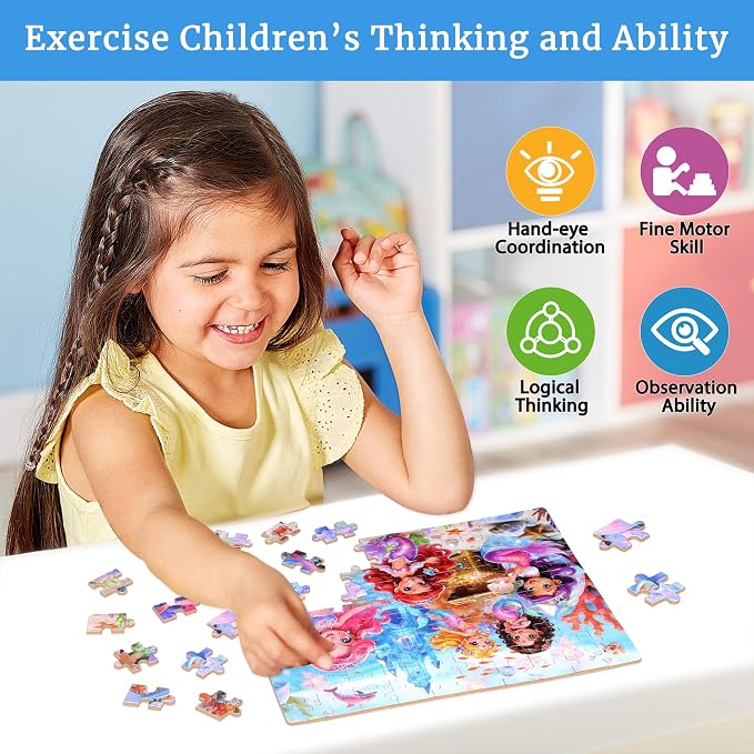 MZZOTOY Mermaid Princess Puzzle for Kids Ages 4-8, 100 Pieces Jigsaw Puzzles for Kids Ages 3-5， Learning Educational Puzzles Toys Great Gift for Boys Girls in a Metal Box