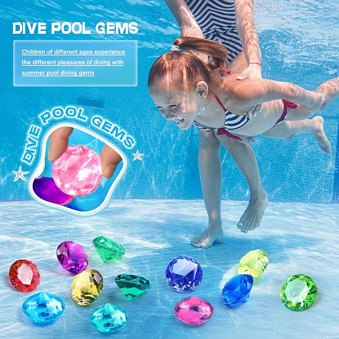 Diving Gems Pool Toys with Purple Treasure Chest Toy for Girls Age 3-10 | Large shatterproof acrylic diving gems. Fade-resistant, specially weighted to sink, building kids' water confidence