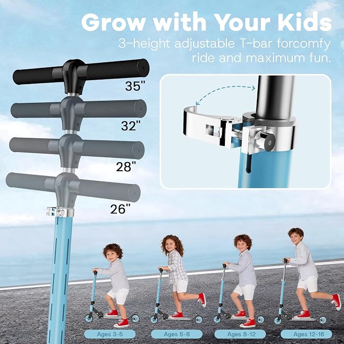 2 Wheel Scooter for Kids 3-12, Light Up Wheels & LED Stem Kick Scooter, Height Adjustable & Foldable Design, Lightweight Sport Scooter for Girls Boys with Kickstand