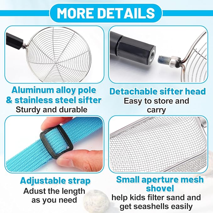 Biggun 2 Pack Shark Tooth Sifter with Seashell Bags, 21.8in~34in Adjustable Sand Sifter & Beach Shovel, Beach Sand Toys for Kids Adults Picking Up Shells Girls Boys Gifts