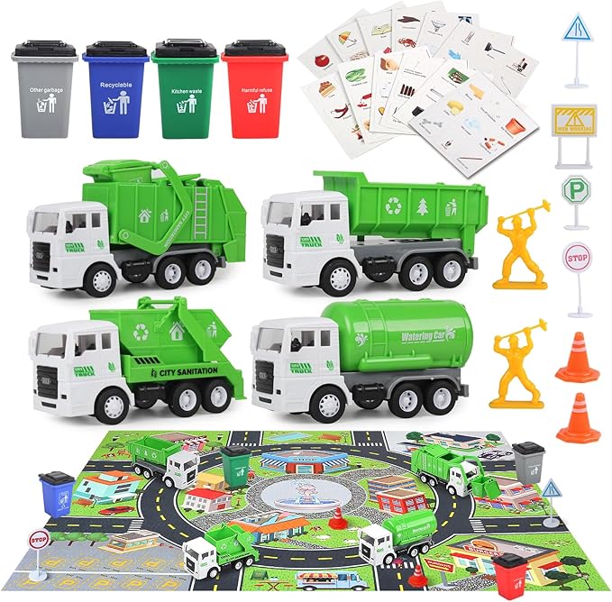 Garbage Truck Toys for Boys, 4 pcs 6" Friction Powered Trash Truck with Kids Playmat Car Rug, 8 pcs Roadblock Signpost, 4 Trash Bins with 108 pcs Trash Cards, Toy Gift for 3+ Years Old Kid