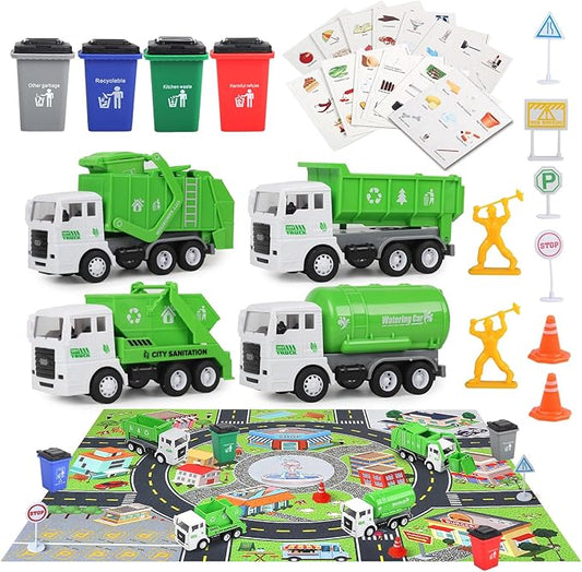 Garbage Truck Toys for Boys, 4 pcs 6" Friction Powered Trash Truck with Kids Playmat Car Rug, 8 pcs Roadblock Signpost, 4 Trash Bins with 108 pcs Trash Cards, Toy Gift for 3+ Years Old Kid