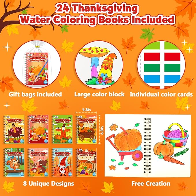 ZMLM 24 Water Coloring Books for Kids Party Favors - Bulk Mini Coloring Books for Kids Ages 4-8,Small Birthday Goodie Bag Stuffers School Teacher Return Gift Art Crafts Classroom Prizes (Thanksgiving)