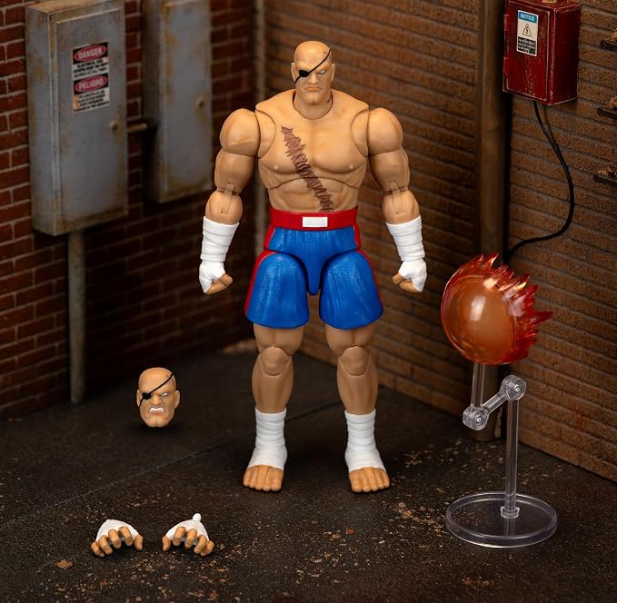 Jada Street Fighter II Sagat Deluxe 1:12 Scale Action Figure - Highly Articulated, Tiger Shot Accessory & Stand, 7.6" Tall