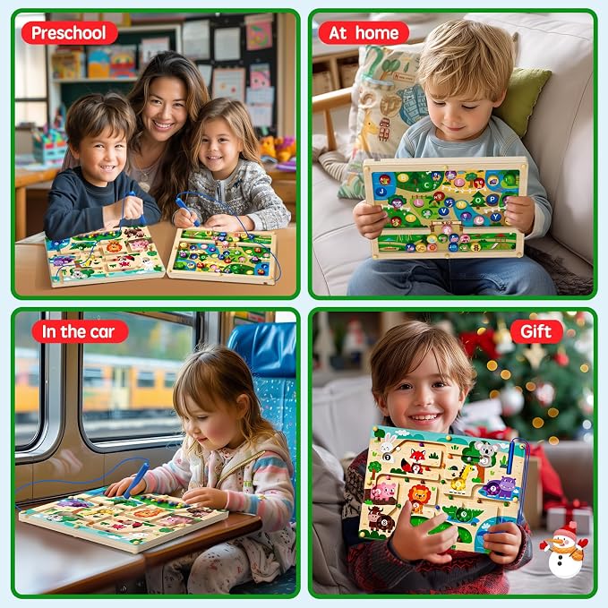 Magnetic Maze 2 in 1 Double Side Color and Number Maze Alphabet Puzzle Board for 3-5 Boys and Girls Kids Montessori Educational Toys (Zoo, One Size)