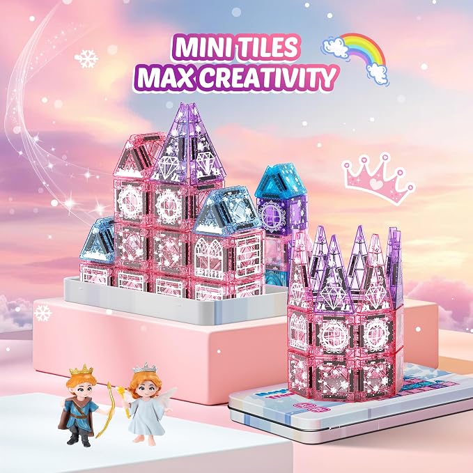 Magnetic Tiles Princess Toys, Princess Castle Travel Magnetic Blocks with Metal Box & 2 Dolls, Mini Magnet Tiles for Girls Pretend Play, Magnet STEM Sensory Gifts for Toddlers 3-5 4-8 8-12 Years Old