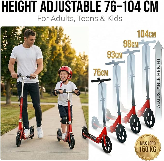 Non-Electric Scooters for Kids 8-12, Teens & Adults - Foldable Commuter Scooter with 8" Wheels, Bell, Hand Brake & Adjustable Height 30"-40.5", 220LB Capacity, Manual Push Scooter for Campus & Park