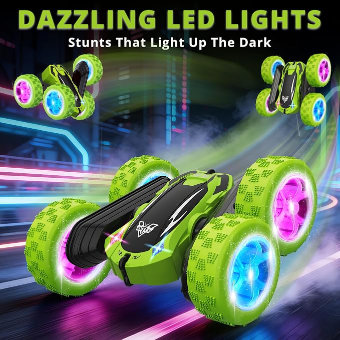 KKONES Remote Control Car, 2.4GHz Electric Race Stunt Car, Double Sided 360° Rolling Rotating Rotation, LED Headlights RC 4WD High Speed Off Road Gift for 3 4 5 6 7 8-12 Year Old Boy Toys (Green)