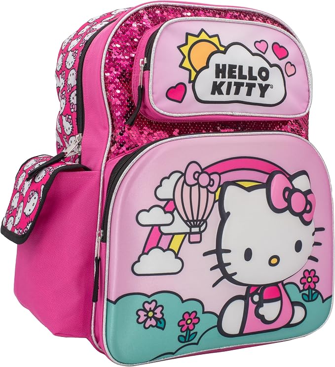 AI ACCESSORY INNOVATIONS Hello Kitty Backpack for Girls, Sanrio Kawaii Bookbag, 16 Inch Anime School Bag with 3D Features